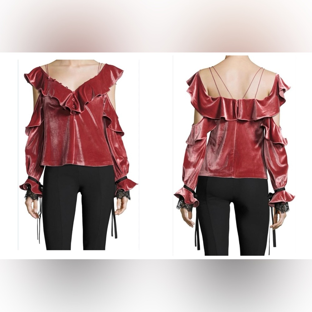 Self-Portrait Pink Ruffled Cut-Out Blouse Adorned with Romantic Sleeves Ribbons